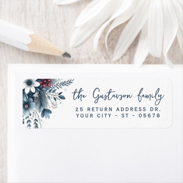 Etiqueta Classy Dark Teal Blue Red Floral Holiday Wreath (In situ)