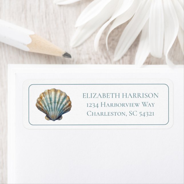 Etiqueta Coastal Blue Scallop Seashell Personalized (In situ)