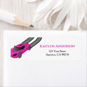 Etiqueta Coche de carreras rosadas   Dirección de devolució