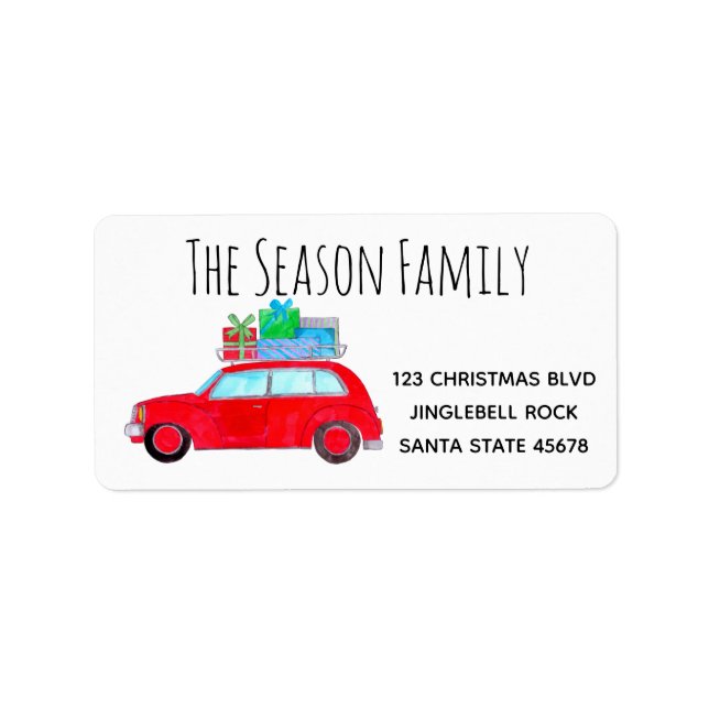 Etiqueta Coche rojo con regalos de Navidades (Frente)