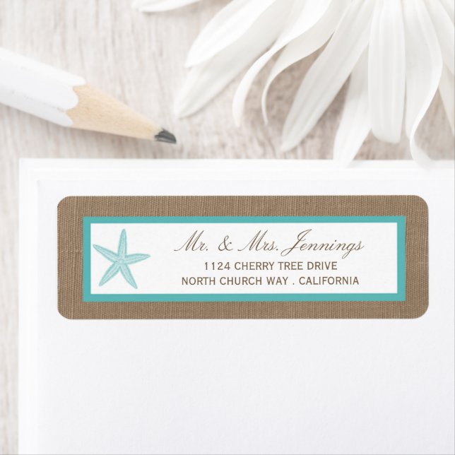 Etiqueta Colección Turquoise Starfish Burlap Beach Wedding (In situ)