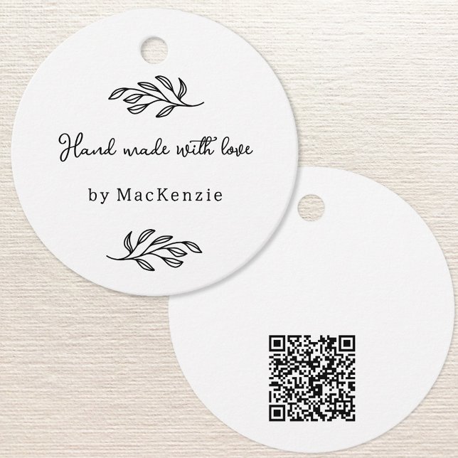 Etiqueta colgante de precio con código QR Hecho a  (Hand Made with Love custom name botanical leaf line art small business maker price or hang tags)