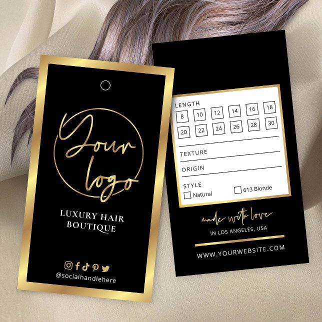 Etiqueta Colgante de Tamaño de Extensiones de Cabe (Black and gold hair extensions price tag with space for your logo and business details)