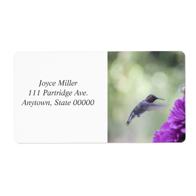Etiqueta Colibrí con dahlias moradas (Frente)