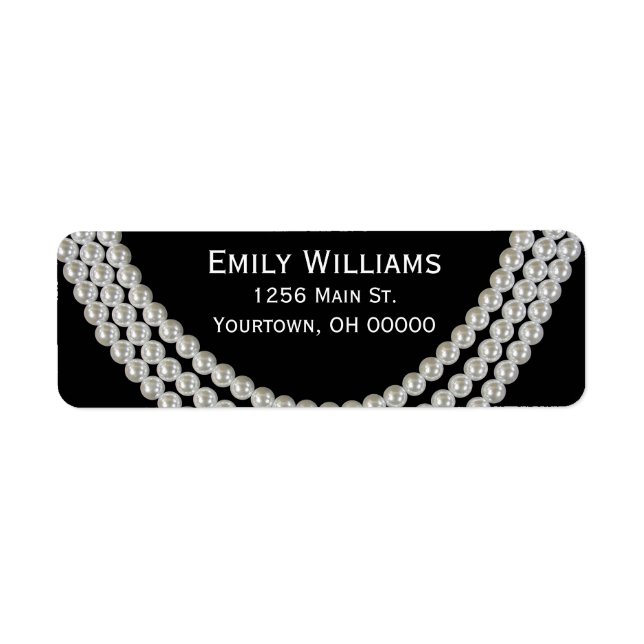 Etiqueta Collar de Perlas Elegante sobre Negro (Frente)