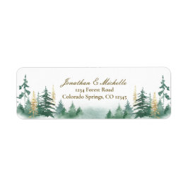 Etiqueta Colores acuáticos de pinos de bosques verdes dorad