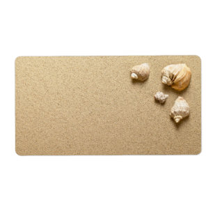 Etiqueta conchas marinas en la playa de arena