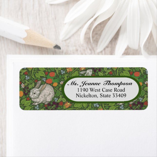 Etiqueta Conejo blanco vintage victoriano en el jardín (In situ)