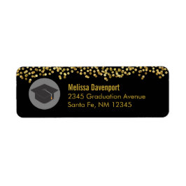 Etiqueta Confetti de oro sobre negro con tapa de graduación