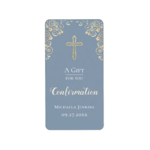 Etiqueta Confirmación Dusty Blue Gold Hand Sanitizer