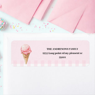 Etiqueta Cono de helado dulce de cuadros rosados de cumplea