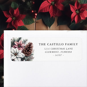 Etiqueta Cono de pino rústico y poinsettia