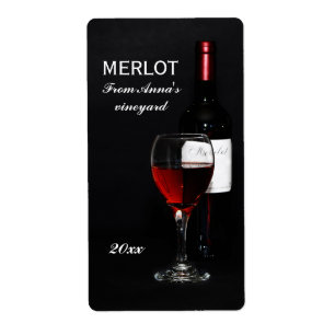 Etiqueta Copa de vino y botella rojas