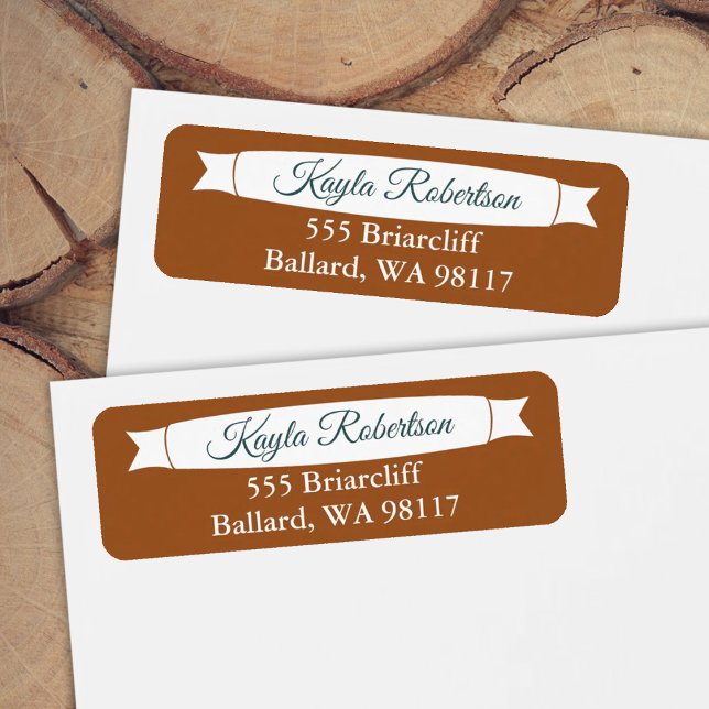 Etiqueta Copper & Teal Green Address Label with Banner (copper orange return address labels with teal green text)