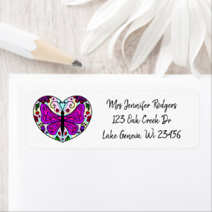 Etiqueta Corazón de Mandala Púrpura con Mariposa
