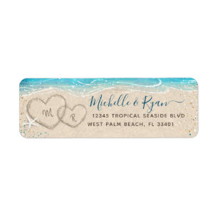 Etiqueta Corazones en la Arena Acuarela de Playa Dirección 