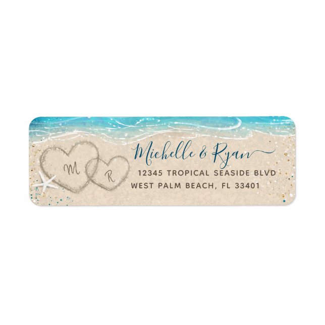 Etiqueta Corazones en la Arena Acuarela de Playa Dirección  (Frente)