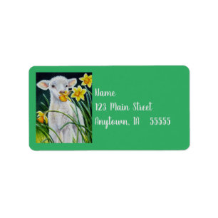 Etiqueta Cordero bebé y Daffodias de primavera acuarela ar