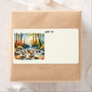 Etiqueta Corgi Perro En Una Corriente De Bosque Con Colores