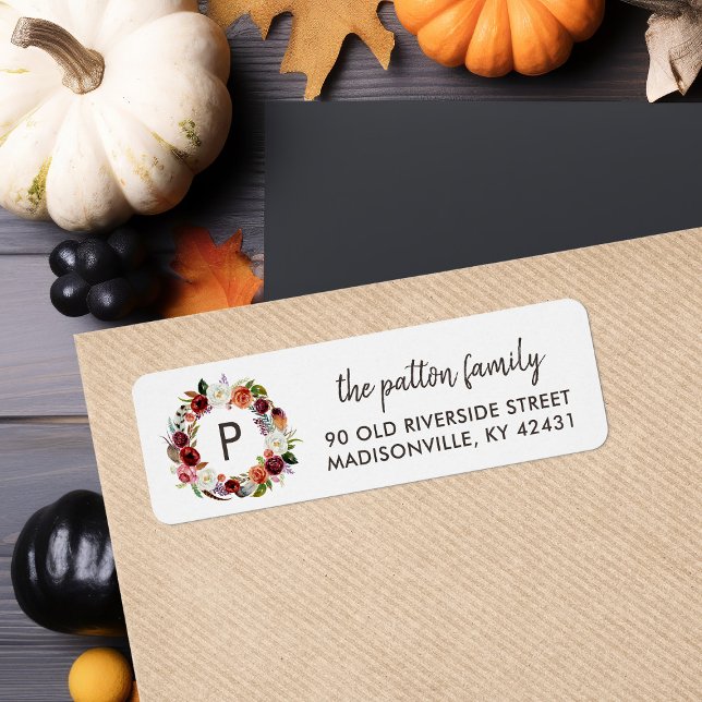 Etiqueta Corona de flores boho de otoño con monograma de di (Subido por el creador)