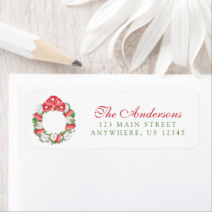 Etiqueta Corona de Navidad de Magnolia con Lazo Rojo Acuare
