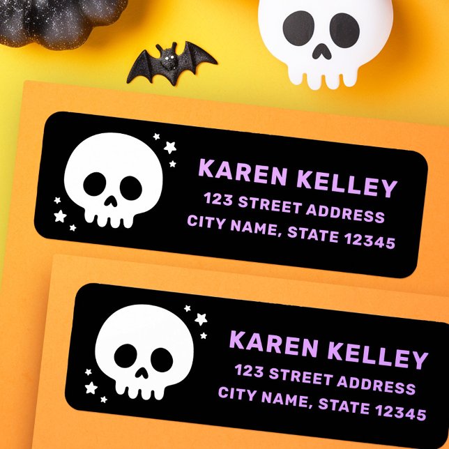 Etiqueta Cráneo lindo con estrellas dirección de devolución (Cute skull with stars black purple return address label)