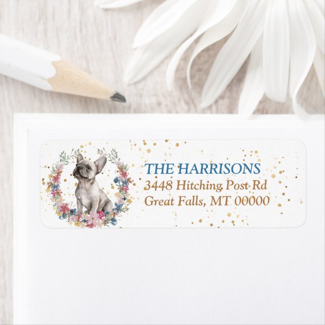 Etiqueta Creamy White French Bulldog Spring Flowers Wreath (In situ)