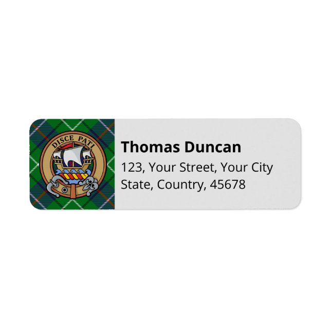 Etiqueta Crest del Clan Duncan sobre tartán (Frente)