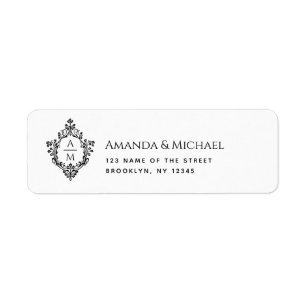 Etiqueta Crest Negro Blanco Vintage Monograma de Boda Elega