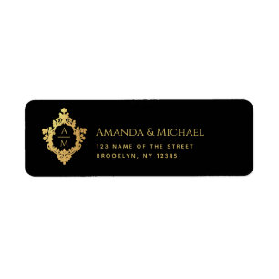 Etiqueta Crest Negro Faux Oro Monograma Elegante de Boda