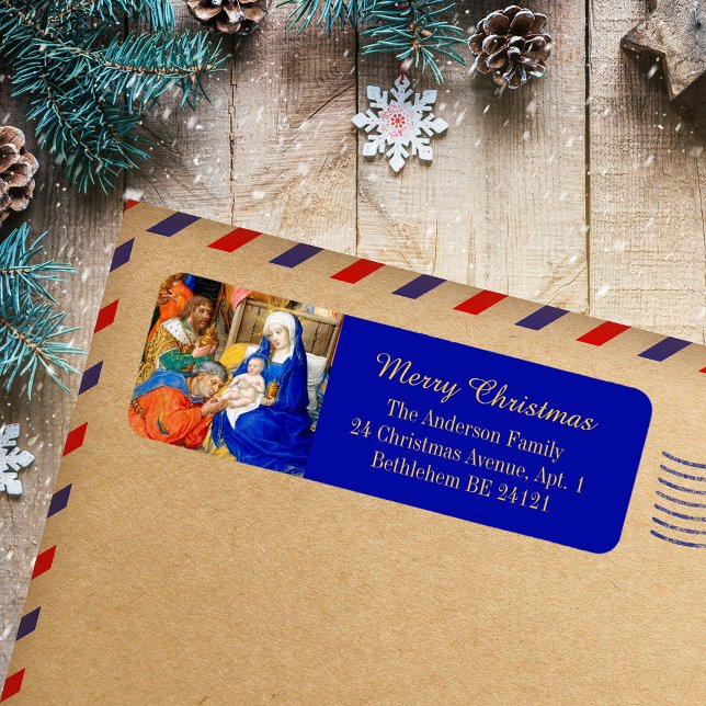Etiqueta Cristiano Medieval Tres Reyes Feliz Navidad (Medieval Manuscript Christian Catholic Three Kings Magi Epiphany Merry Christmas Address Label)