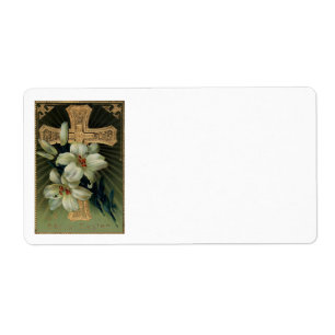 Etiqueta Cruz cristiana de oro lirio de Pascua