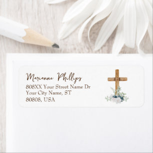 Etiqueta Cruz de madera con flores azules y blancas