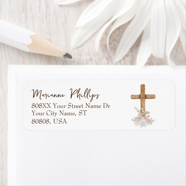 Etiqueta Cruz de madera con flores rosas y blancas (In situ)