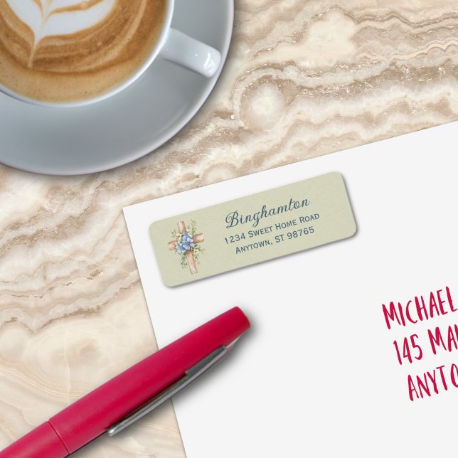 Etiqueta Cruz floral azul acuarela personalizada (Watercolor Blue Floral Cross Personalized Label
)