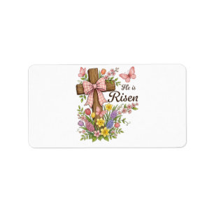 Etiqueta Cruz floral cristiana-Él ha resucitado Religiosa