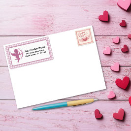 Etiqueta Cuadrícula de rosa y blanco con Cupido y arco de S