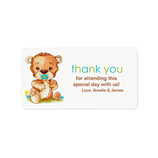 Etiqueta Cuidada acuarela Bear Boy Gracias (Frente)