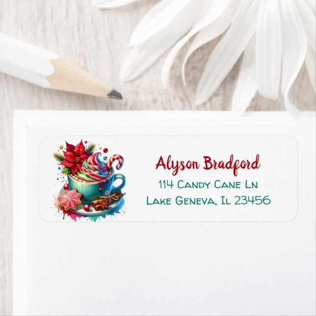 Etiqueta Cuidada acuarela Cacao caliente, Candy Canes y Coo (In situ)