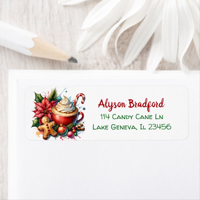 Etiqueta Cuidada acuarela Cacao caliente, Candy Canes y Coo (In situ)