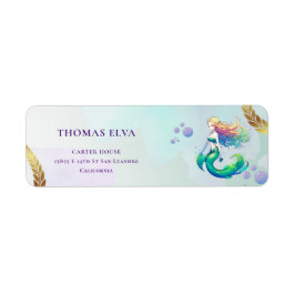 Etiqueta Cumpleaños de la sirena morada y dorada bajo el ma