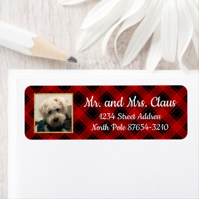 Etiqueta Custom Christmas Photo Frame Red and Black Plaid (In situ)