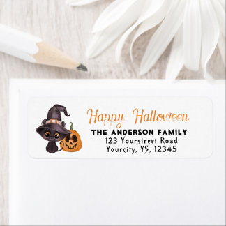 Etiqueta Cute black cat Happy Halloween carved pumpkin
