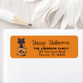 Etiqueta Cute black cat Happy Halloween carved pumpkin Labe