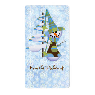 Etiqueta Cute Blue Snowman Navidades de cocina