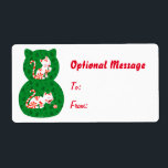 Etiqueta Cute Candy Cane Cat<br><div class="desc">The grooming routine of a red and white striped candy cat can only end in tears... or peppermint hairballs. Green background pattern features fish skeletons and Christmas trees. Designed by Kaz Foxsen.</div>