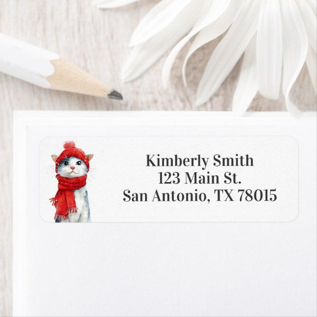Etiqueta Cute Cat Christmas Address (In situ)