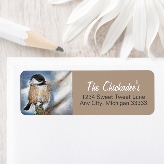 Etiqueta Cute Chickadee Song Bird Winter Painting (In situ)