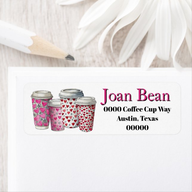 Etiqueta Cute Coffee Cups with Hearts in Pink and Red (In situ)