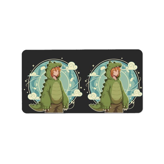 Etiqueta Cute Dino Friend Anime Boy - Green Dinosaur (Frente)